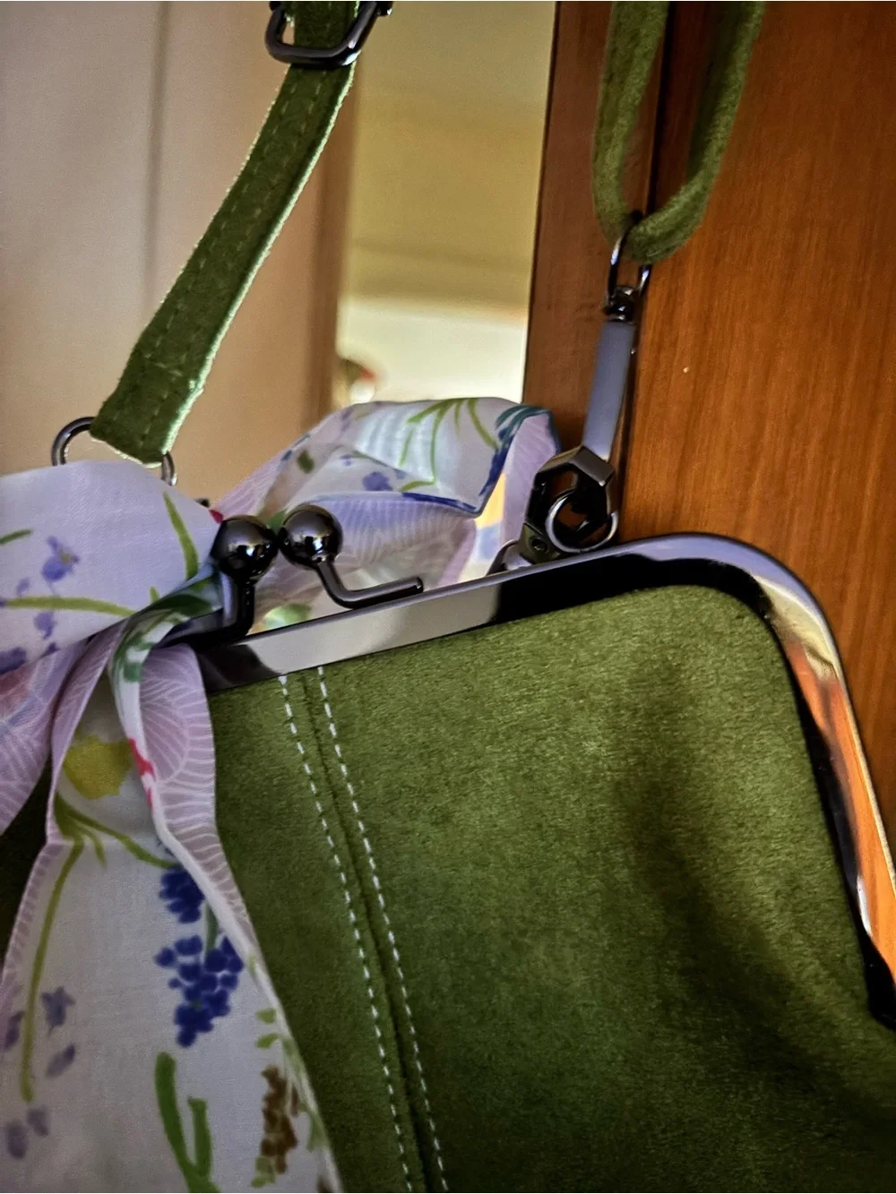 Green Suede Shoulder Bag with Floral Scarf brand new